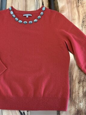 Anne Klein Coral-Red Jeweled Crewneck Sweater